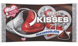 Hershey®’s Kisses® Brand Milk Chocolates, adorned in red and silver foil wrappers featuring six unique Valentine Kissable Messages plumes